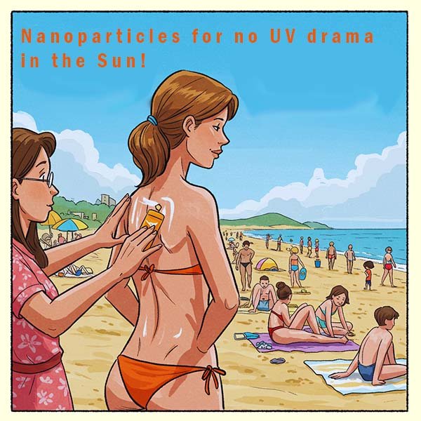 Image shows a woman having sun cream on her back, the sun cream contains nanoparticles.